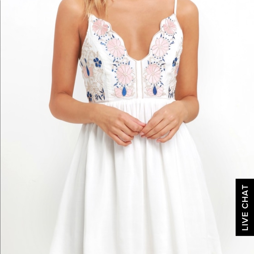DAISY PETAL PICKIN’ IVORY EMBROIDERED DRESS. LULUS